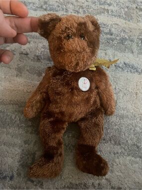 FIFA World Cup 2002 Brown Plush Teddy Bear 9in w/ Gold Ribbon, Embroidered Eyes